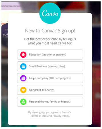 Canvaのサインアップ画面