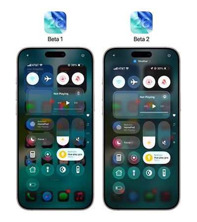 【図】iOS 26 開発者β1とβ2のコントロールセンターの比較