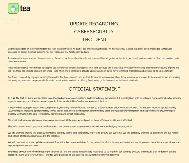 【図】「Tea Dating Advice」のセキュリティインシデントに関する公式発表