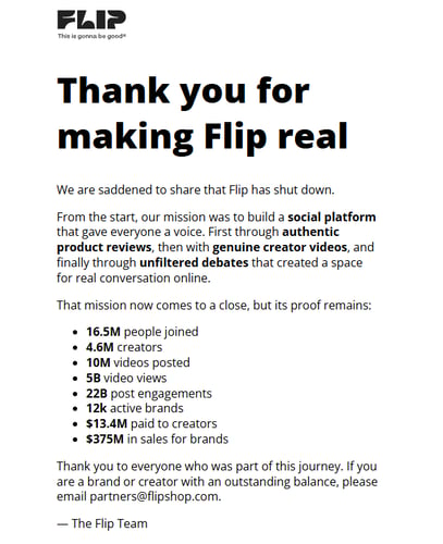 【図】「Flip」のサービス終了を告知するページのスクリーンショット