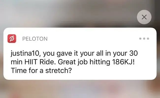 【図】「Peloton」が配信しているパーソナライズされたプッシュ通知のスクリーンショット