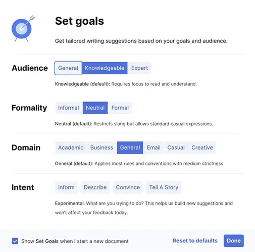 【図】「Grammarly」のパーソナライズ設定画面のスクリーンショット
