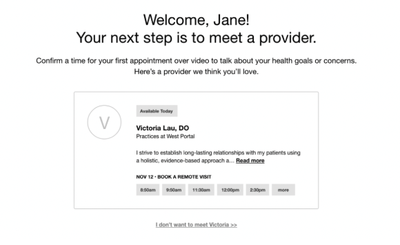 【図】「One Medical」が予約促進のために採用した画面のスクリーンショット