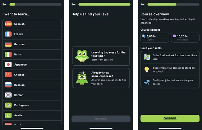 【図】「Duolingo」のオンボーディング画面