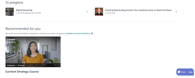 【図】HubSpot（HubSpot Academy）の受講コースレコメンドのスクリーンショット