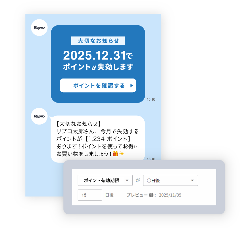 【図】ユーザー固有の情報を変数として挿入できるパーソナライズメッセージを示すイメージ